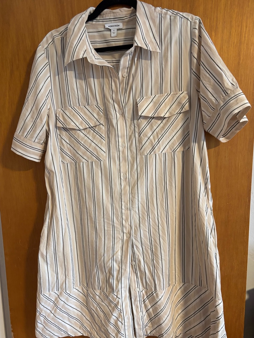 Nordstrom 100% Cotton Short-Sleeve Button-Front Shirt Dress in Tan and Cream